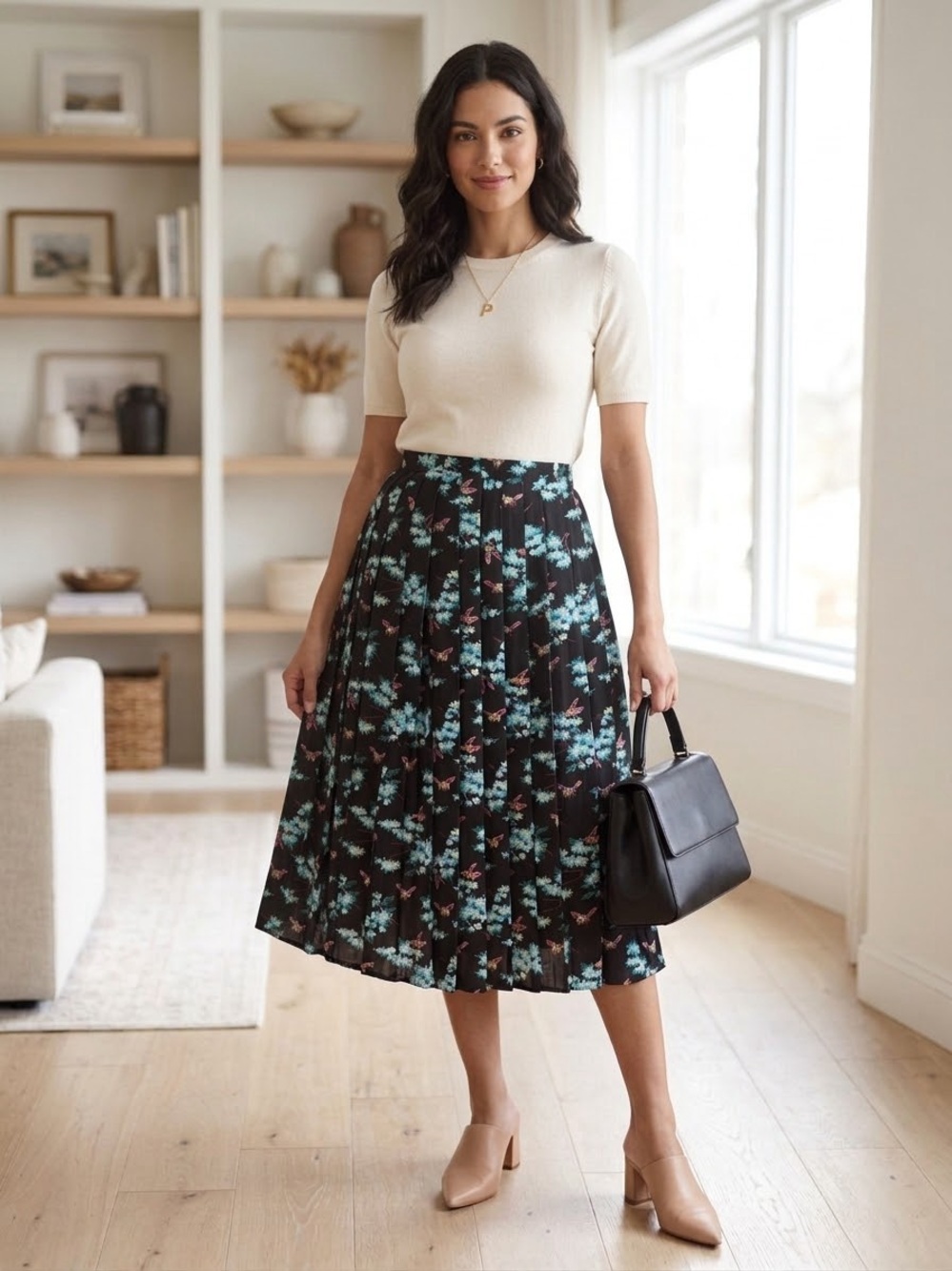 J Crew Pleated Midi Skirt in Black Floral